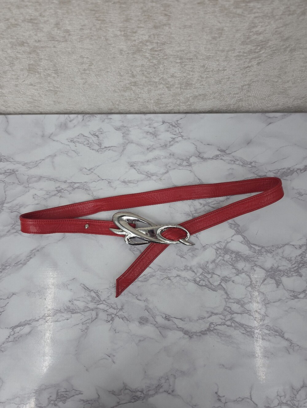 Vintage 80s Red Leather Belt with Silver Tone Etheral Knot Buckle